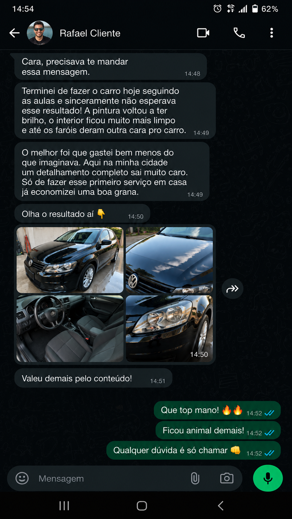 Depoimento de aluno no WhatsApp