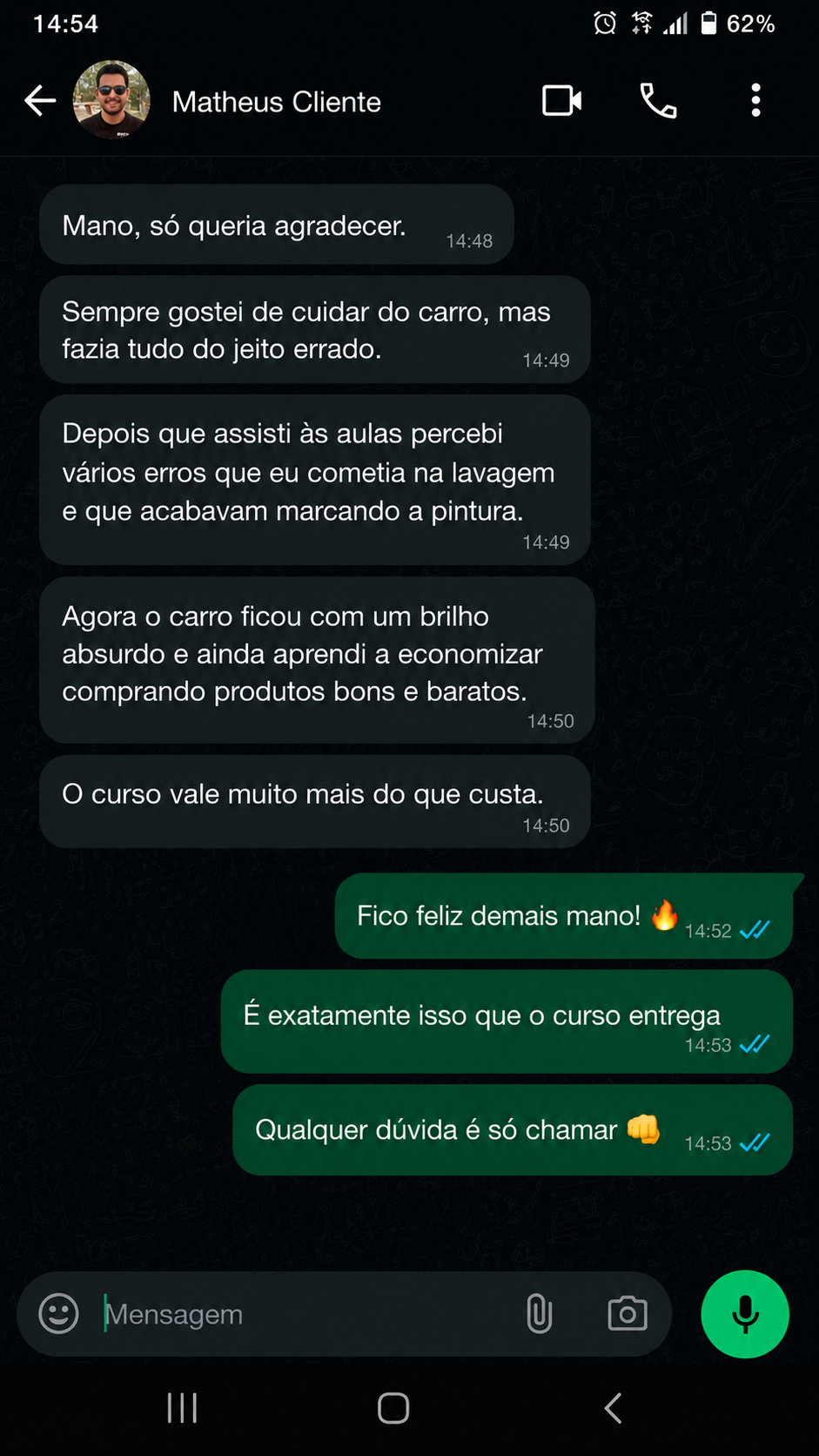 Depoimento de aluno no WhatsApp