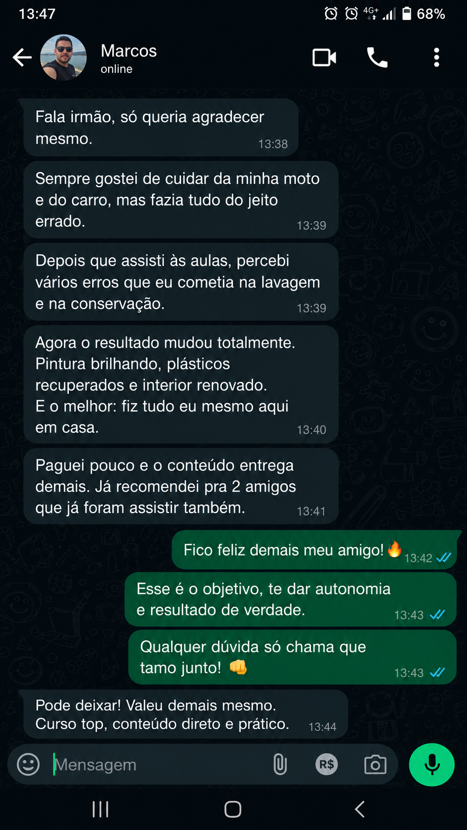 Depoimento de aluno no WhatsApp